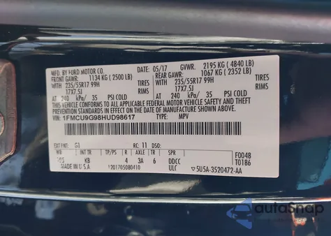 2017 Ford Escape Se из США, поврежденный, VIN 1FMCU9G98HUD98617